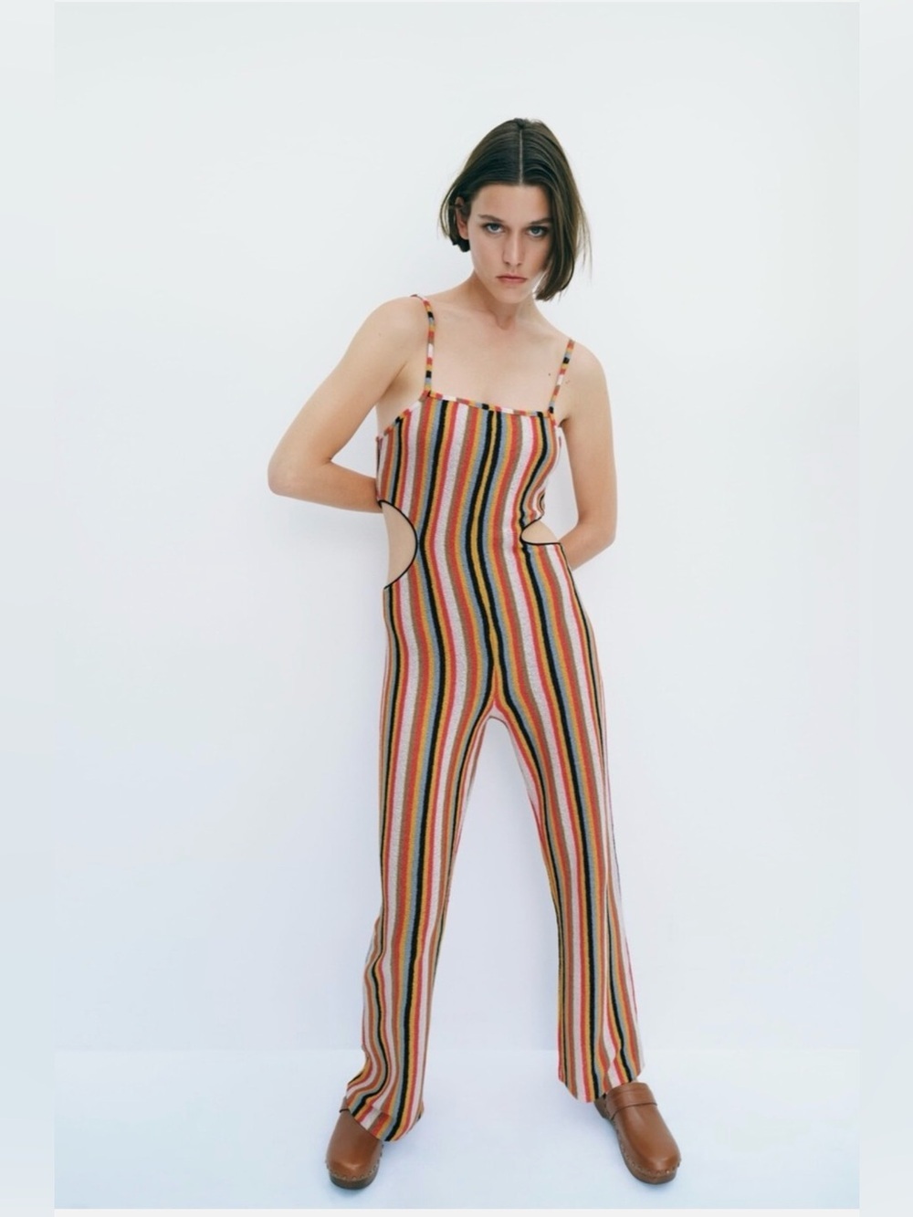 NWT Zara Multicolor Striped Knit Jumpsuit Size S Sleeveless Cut-Outs Flare Leg